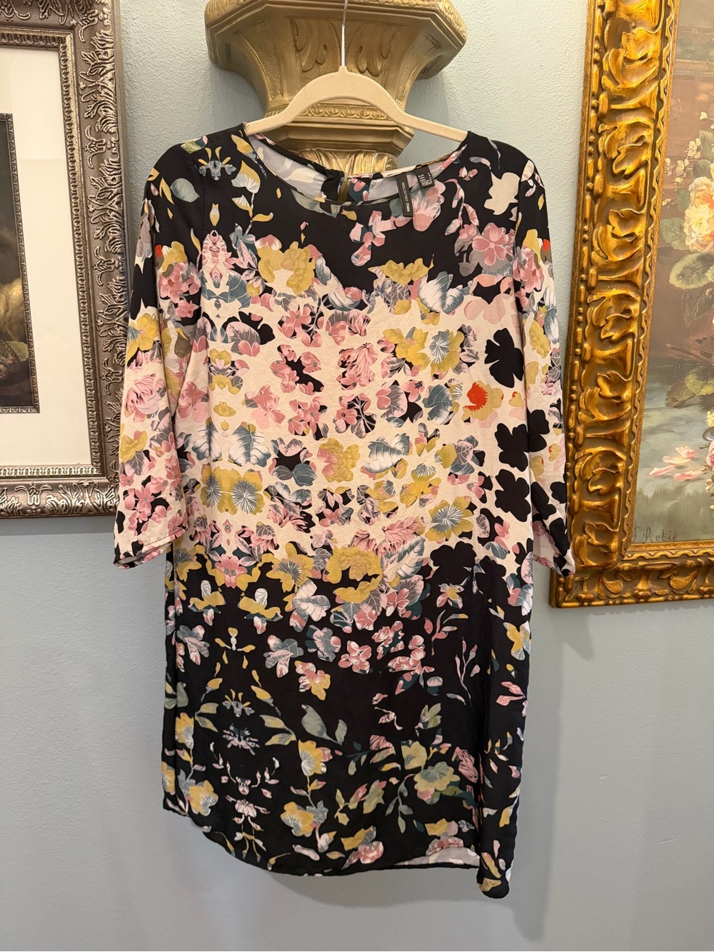 Moon Collection Black Floral Midi Dress with Pink & Yellow Blooms